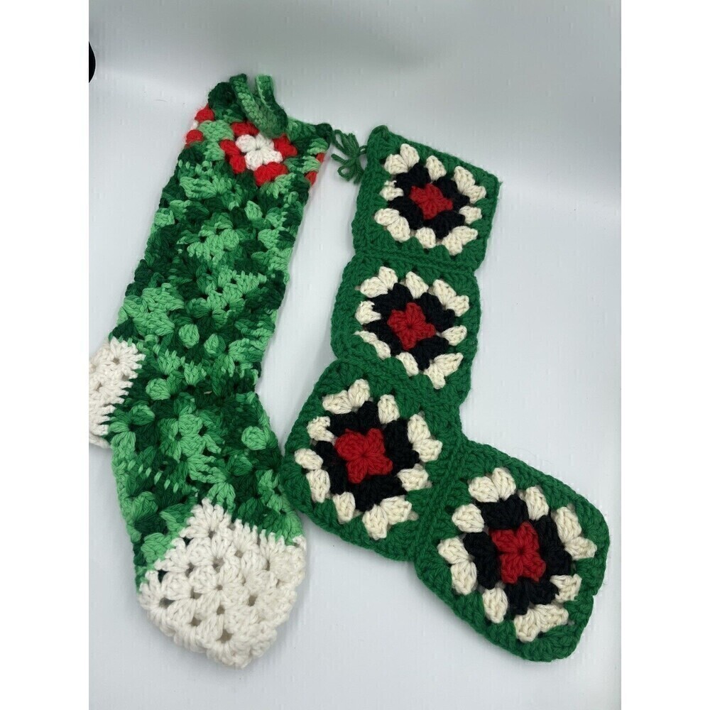 Vintage Granny Square Christmas Stockings Holiday White Red Green 22” Crochet